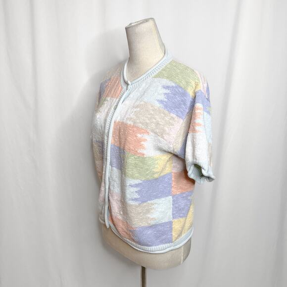 Christopher & Banks Vintage Pastel Patchwork Sweater Short Sleeve Button Up Knit - Picture 8 of 9